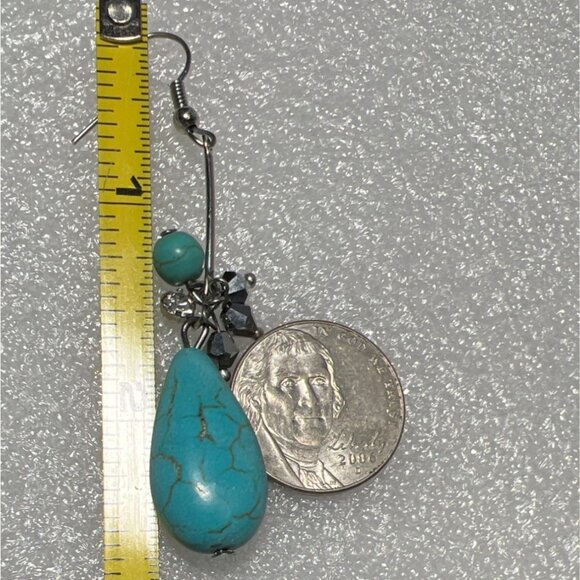 Artisan Glass Turquoise & Silver Tone Teardrop Earrings With Crystal Accents - Picture 8 of 8